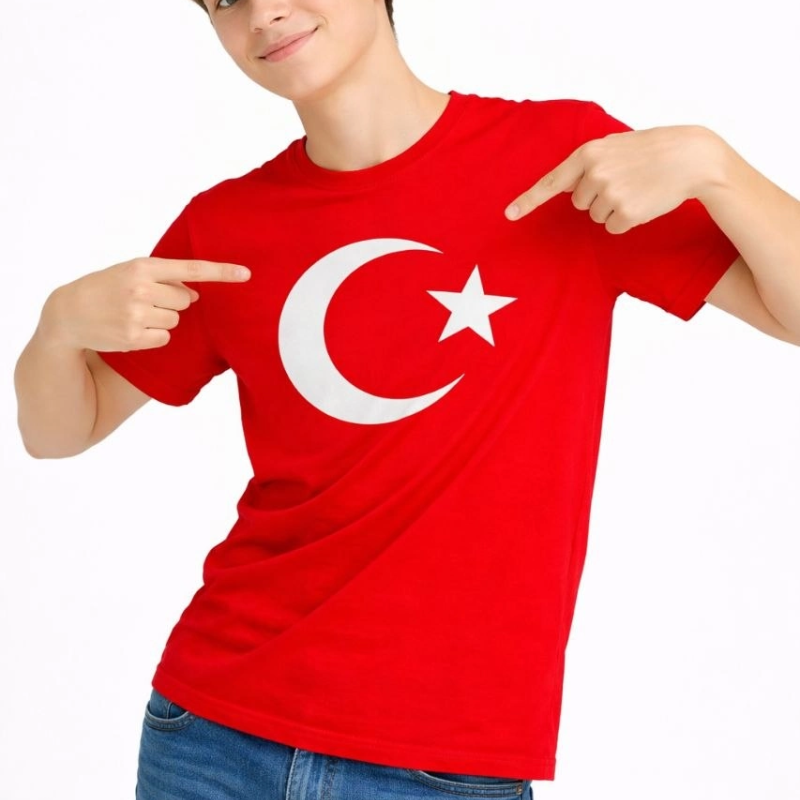 Erkek Çocuk Tişört Bisiklet Yaka Ay Yıldız Bayrak Baskılı T-Shirt - Kırmızı