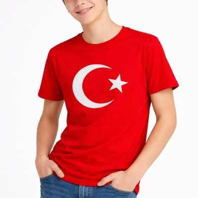Erkek Çocuk Tişört Bisiklet Yaka Ay Yıldız Bayrak Baskılı T-Shirt - Kırmızı