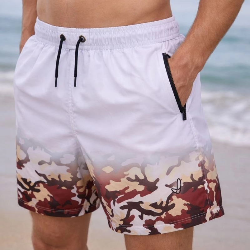 Erkek Deniz Şortu Fermuarlı Cepli File Astarlı Hızlı Kuruyan Premium - Beyaz