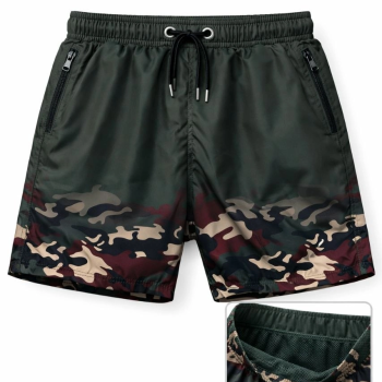 Erkek Deniz Şortu Fermuarlı Cepli File Astarlı Hızlı Kuruyan Premium - Haki