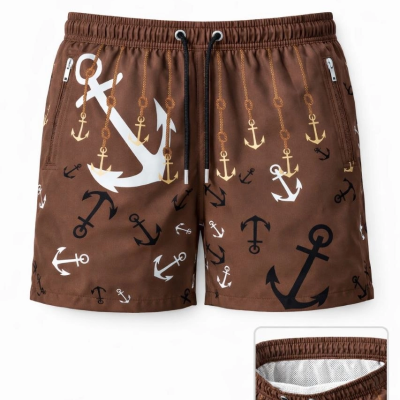 Erkek Deniz Şortu Fermuarlı Cepli File Astarlı Hızlı Kuruyan Premium - Kahverengi