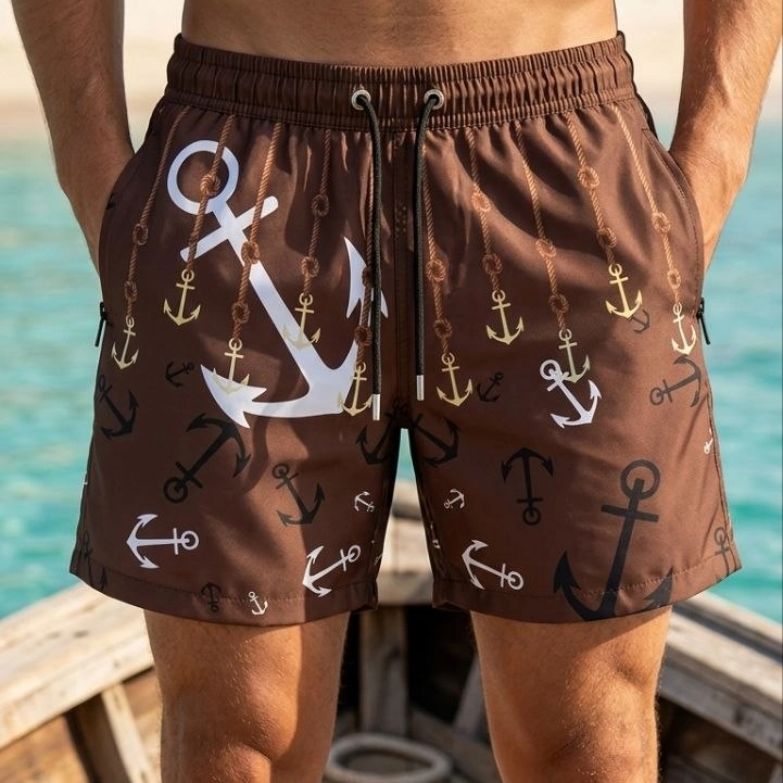 Erkek Deniz Şortu Fermuarlı Cepli File Astarlı Hızlı Kuruyan Premium - Kahverengi