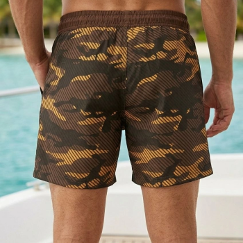 Erkek Deniz Şortu Fermuarlı Cepli File Astarlı Hızlı Kuruyan Premium - Kahverengi