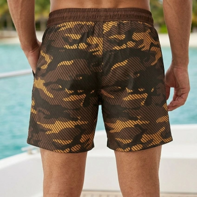 Erkek Deniz Şortu Fermuarlı Cepli File Astarlı Hızlı Kuruyan Premium - Kahverengi