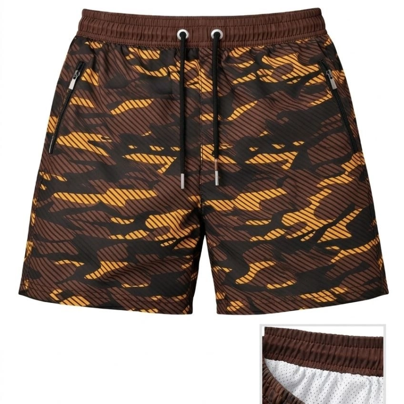 Erkek Deniz Şortu Fermuarlı Cepli File Astarlı Hızlı Kuruyan Premium - Kahverengi