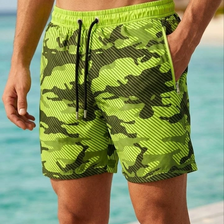 Erkek Deniz Şortu Fermuarlı Cepli File Astarlı Hızlı Kuruyan Premium - Neon Yeşili