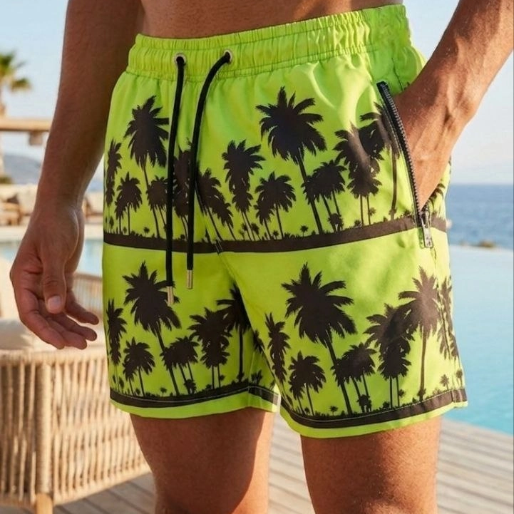 Erkek Deniz Şortu Fermuarlı Cepli File Astarlı Hızlı Kuruyan Premium - Neon Yeşili
