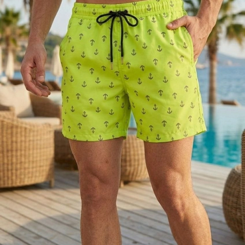 Erkek Deniz Şortu Fermuarlı Cepli File Astarlı Hızlı Kuruyan Premium - Neon Yeşili