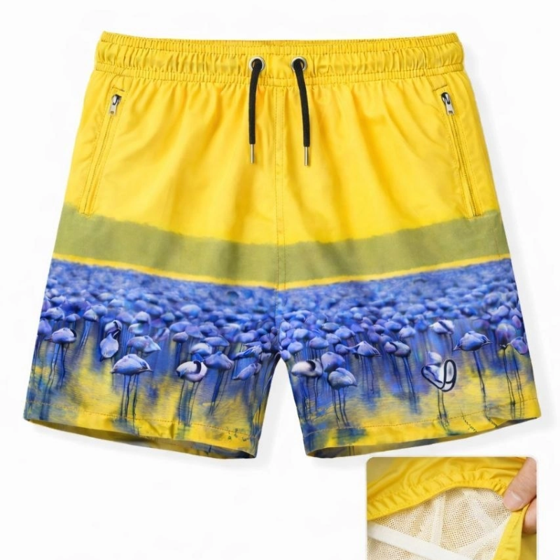 Erkek Deniz Şortu Fermuarlı Cepli File Astarlı Hızlı Kuruyan Premium - Sarı