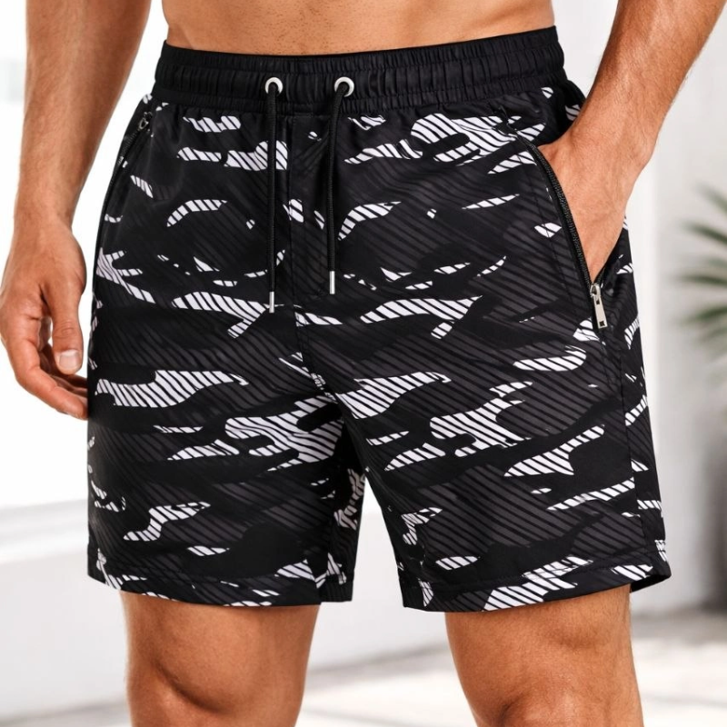 Erkek Deniz Şortu Fermuarlı Cepli File Astarlı Hızlı Kuruyan Premium - Siyah