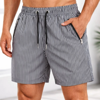 Erkek Deniz Şortu Fermuarlı Cepli File Astarlı Hızlı Kuruyan Premium - Siyah