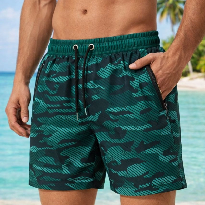 Erkek Deniz Şortu Fermuarlı Cepli File Astarlı Hızlı Kuruyan Premium - Su Yeşili