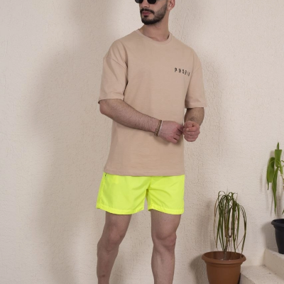 Erkek Deniz Şortu Fermuarlı Cepli File Astarlı - Neon Yeşili