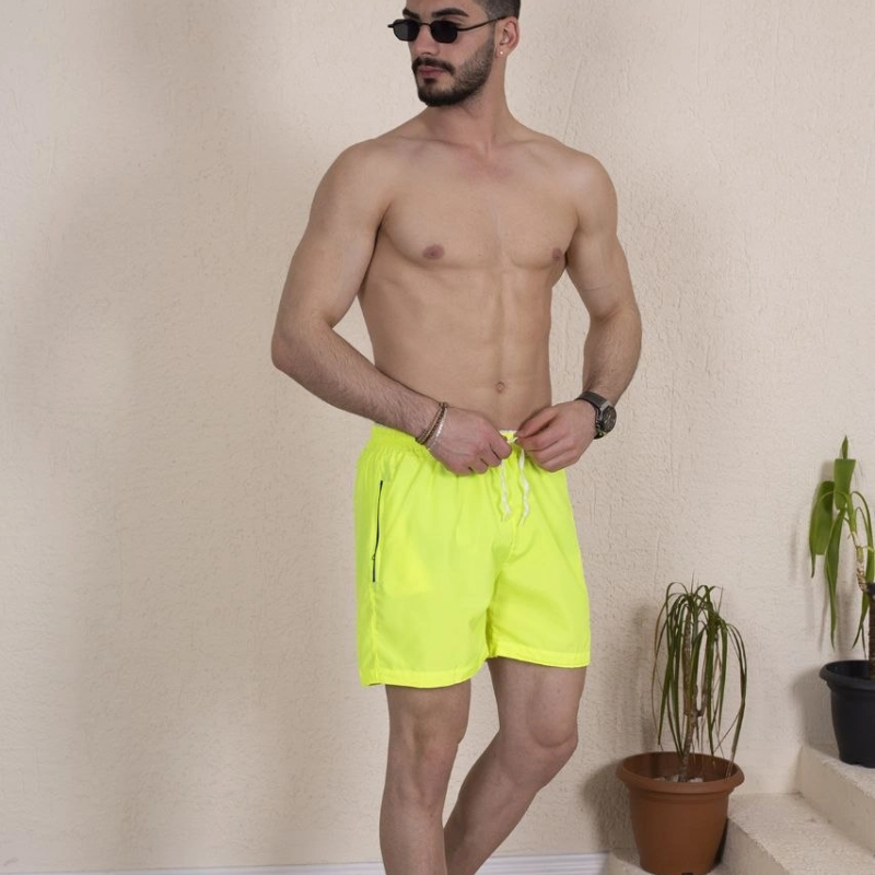 Erkek Deniz Şortu Fermuarlı Cepli File Astarlı - Neon Yeşili