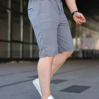 Erkek Diagonel Kumaş Duble Paça Cepli Bağcıklı Bel Lastikli ŞORT - Gri