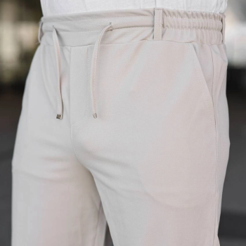 Erkek Diagonel Kumaş Duble Paça Cepli Bağcıklı Bel Lastikli ŞORT - Krem