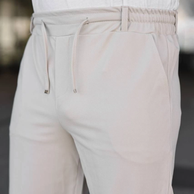 Erkek Diagonel Kumaş Duble Paça Cepli Bağcıklı Bel Lastikli ŞORT - Krem