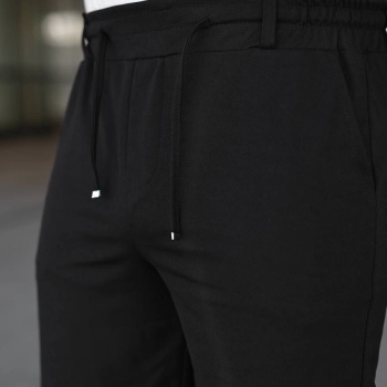 Erkek Diagonel Kumaş Duble Paça Cepli Bağcıklı Bel Lastikli ŞORT - Siyah