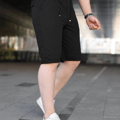 Erkek Diagonel Kumaş Duble Paça Cepli Bağcıklı Bel Lastikli ŞORT - Siyah