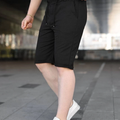 Erkek Diagonel Kumaş Duble Paça Cepli Bağcıklı Bel Lastikli ŞORT - Siyah