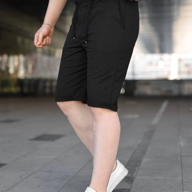 Erkek Diagonel Kumaş Duble Paça Cepli Bağcıklı Bel Lastikli ŞORT - Siyah