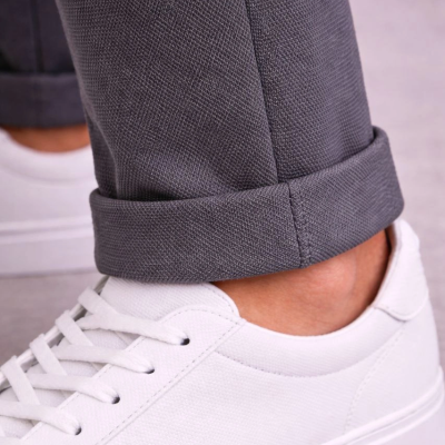 Erkek Diagonel Mikro dokulu Duble Paça Cepli Pantolon, Modern Kesim - Füme