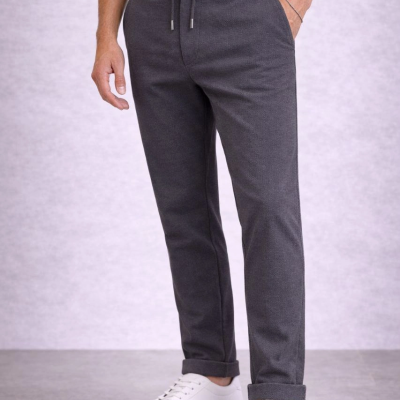 Erkek Diagonel Mikro dokulu Duble Paça Cepli Pantolon, Modern Kesim - Füme