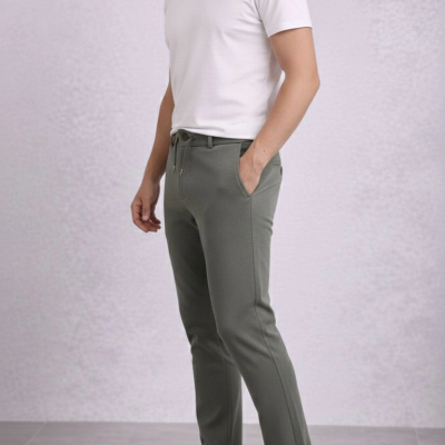 Erkek Diagonel Mikro dokulu Duble Paça Cepli Pantolon , Modern Kesim - Haki