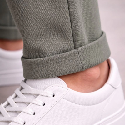 Erkek Diagonel Mikro dokulu Duble Paça Cepli Pantolon , Modern Kesim - Haki