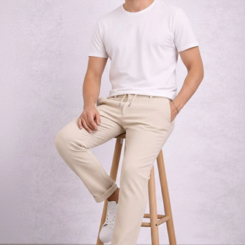 Erkek Diagonel Mikro dokulu Duble Paça Cepli Pantolon ,Modern Kesim - Krem