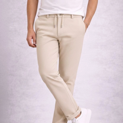 Erkek Diagonel Mikro dokulu Duble Paça Cepli Pantolon ,Modern Kesim - Krem