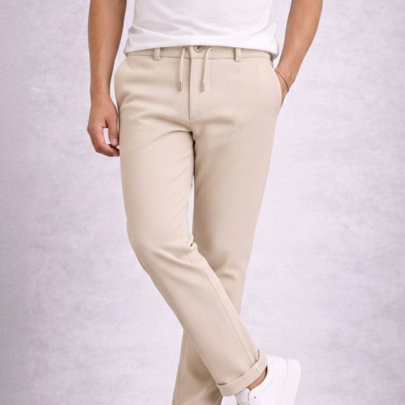 Erkek Diagonel Mikro dokulu Duble Paça Cepli Pantolon ,Modern Kesim - Krem