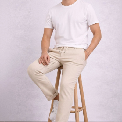 Erkek Diagonel Mikro dokulu Duble Paça Cepli Pantolon ,Modern Kesim - Krem