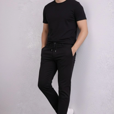 Erkek Diagonel Mikro dokulu Duble Paça Cepli Pantolon , Modern Kesim - Siyah