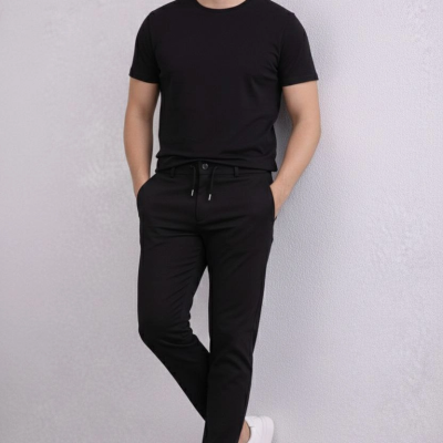 Erkek Diagonel Mikro dokulu Duble Paça Cepli Pantolon , Modern Kesim - Siyah