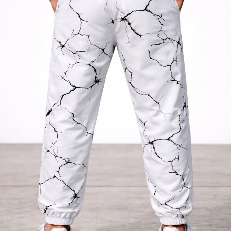 Erkek Dijital Baskılı Cepli Eşofman Alt Pantolon 3 İplik Pamuklu Lastik Paça - Beyaz