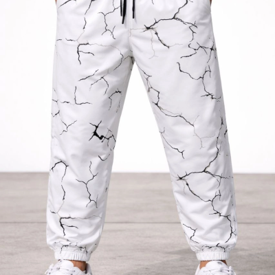 Erkek Dijital Baskılı Cepli Eşofman Alt Pantolon 3 İplik Pamuklu Lastik Paça - Beyaz