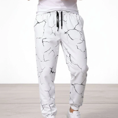 Erkek Dijital Baskılı Cepli Eşofman Alt Pantolon 3 İplik Pamuklu Lastik Paça - Beyaz