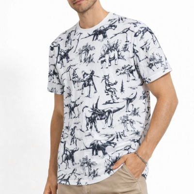Erkek Dinozor Dijıtal ön ve arka Baskılı Tişört Bisiklet Yaka T-Shirt - Beyaz