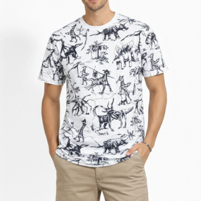 Erkek Dinozor Dijıtal ön ve arka Baskılı Tişört Bisiklet Yaka T-Shirt - Beyaz