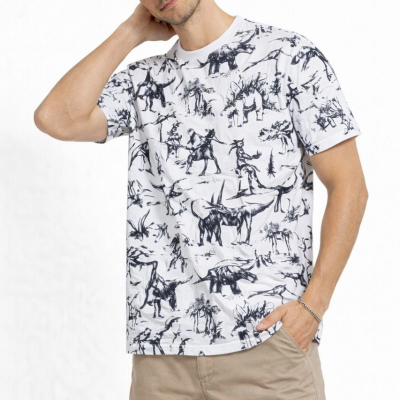 Erkek Dinozor Dijıtal ön ve arka Baskılı Tişört Bisiklet Yaka T-Shirt - Beyaz