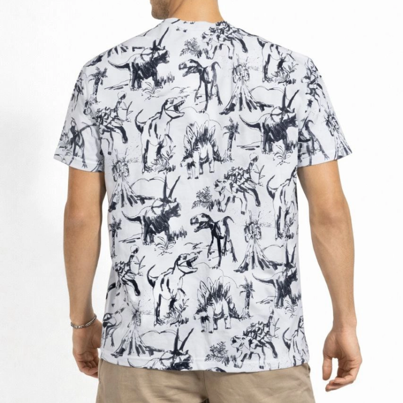 Erkek Dinozor Dijıtal ön ve arka Baskılı Tişört Bisiklet Yaka T-Shirt - Beyaz