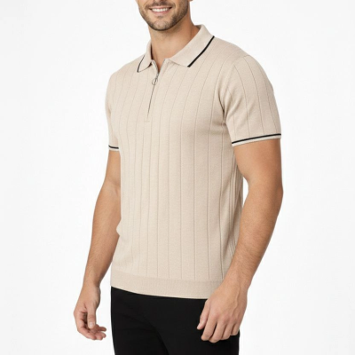 Erkek Dokuma Triko Tişört Fermuarlı Polo Yaka Yazlık Kısa Kol T-Shirt 2’li Set Bej-Beyaz