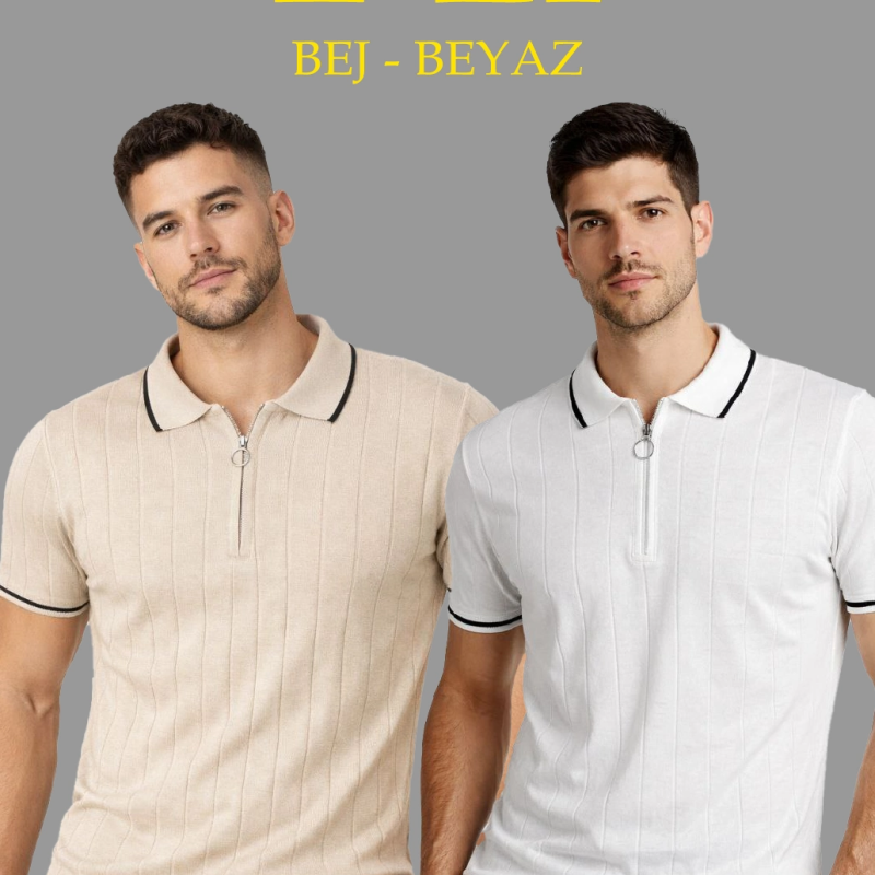 Erkek Dokuma Triko Tişört Fermuarlı Polo Yaka Yazlık Kısa Kol T-Shirt 2’li Set Bej-Beyaz