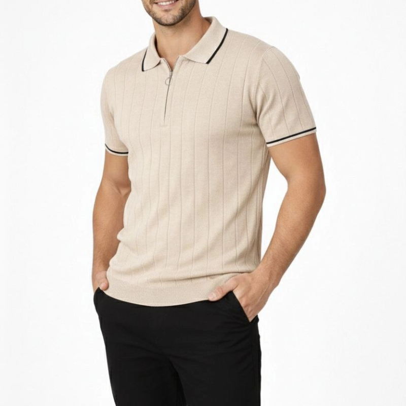 Erkek Dokuma Triko Tişört Fermuarlı Polo Yaka Yazlık Kısa Kol T-Shirt 2’li Set Bej-Beyaz