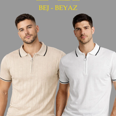 Erkek Dokuma Triko Tişört Fermuarlı Polo Yaka Yazlık Kısa Kol T-Shirt 2’li Set Bej-Beyaz