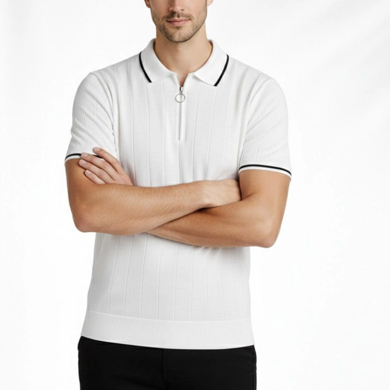 Erkek Dokuma Triko Tişört Fermuarlı Polo Yaka Yazlık Kısa Kol T-Shirt 2’li Set Bej-Beyaz