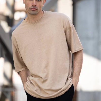 Erkek Düz T-Shirt Kısa Kol Bisiklet Yaka Regular Fit Rahat Kalıp Günlük Tişört - Bej