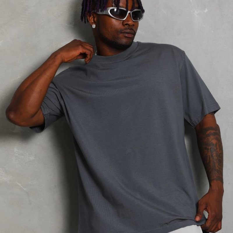 Erkek Düz Yazlık Kısa Kol Tişört Bisiklet Yaka Oversize T-Shirt - Füme