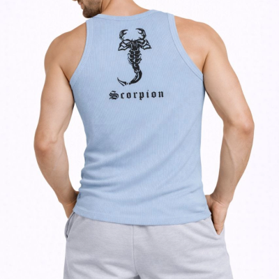 Erkek Fitilli Atlet Sıfır Yaka Slim Fit Arka Baskılı Spor Atlet - Bebek Mavisi